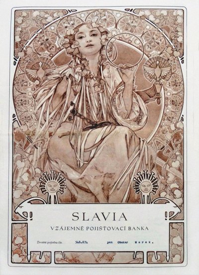 Insurance policy of Slavia Insurance Company, 1942 by Alfons Marie Mucha