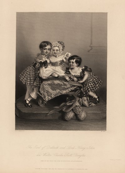 Earl of Dalkeith (William Henry), Henry John and Walter Charles Scott Douglas, son of the 5th Duke of Buccleuch, 7th Duke of Queensberry. Two sons wear tartan dresses with ribbons, with the youngest in a bonnet and satin dress. by Alfred Edward (after) Chalon