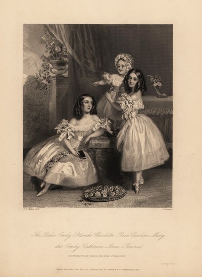 Portrait of Emily Blanche Charlotte, Rose Caroline and Emily Catherine Anne Somerset, daughters of Henry Somerset, 7th Duke of Beaufort by Alfred Edward (after) Chalon