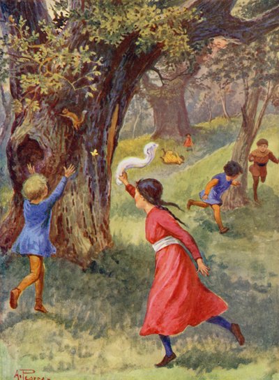 Merrie England: Children playing in Sherwood Forest by Alfred (after) Pearse