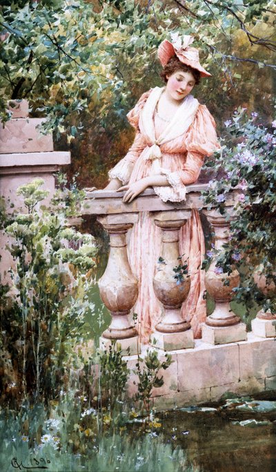 Leisure Moments. An elegant woman looks at a basin leaning against a balustrade. Painting by Alfred Augustus I Glendening. Private collection by Alfred Augustus Glendening