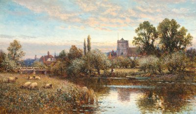 Sheep Grazing Before Wrotham Church, Twilight by Alfred Augustus Glendening