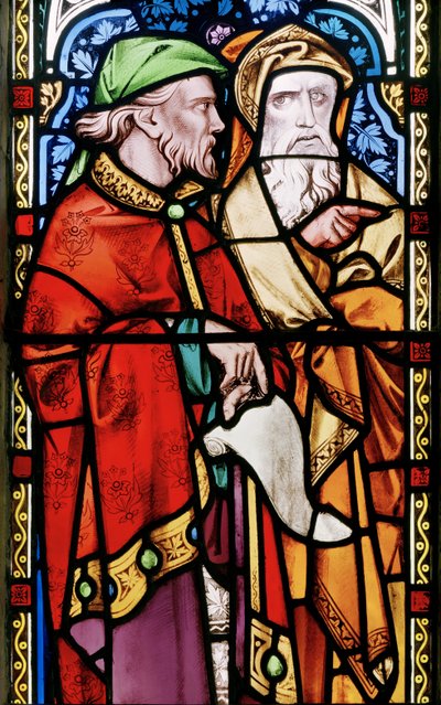 Two men listening to John The Baptist Preaching (detail from the east window) by Alfred Bell