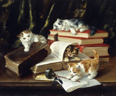 Kittens Playing on Desk by Alfred Brunel de Neuville