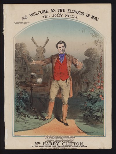 As Welcome as the Flowers in May, or The Jolly Miller, Composed and Sung by Harry Clifton, Victorian Sheet Music Cover by Alfred Concanen