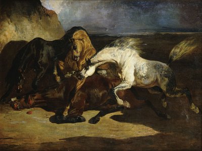Stallions Fighting in a Stormy Landscape by Alfred Dedreux