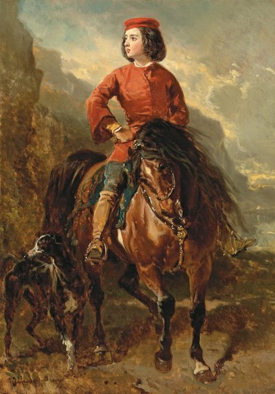 Young Rider on a Shetland, with a Greyhound by Alfred Dedreux
