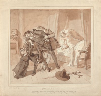 Gil Blas, While Practising Medicine under Dr. Sangrado, Encounters Dr. Cuchillo at the Bedside of the Grocer by Alfred Edward Chalon