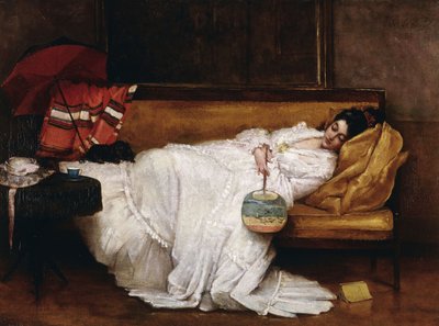 A Girl with a Japanese Fan Asleep on a Sofa by Alfred Emile Stevens