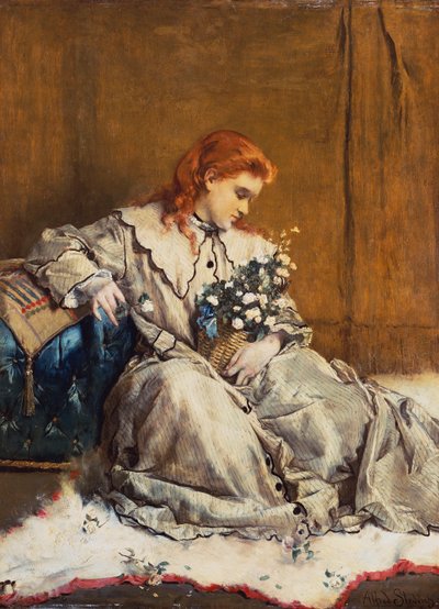 Daydream, Young Red-Headed Girl with Blue Ottoman by Alfred Emile Stevens