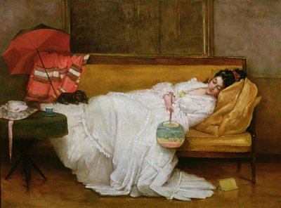 Girl in a white dress resting on a sofa by Alfred Emile Stevens