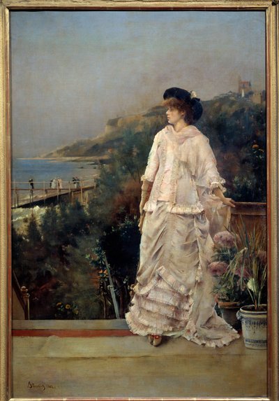 Portrait of a Woman on a Terrace by the Sea by Alfred Emile Stevens