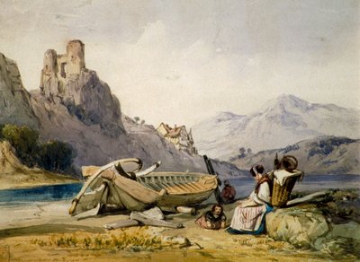 Figures and a boat on the shore of a lake, a house and ruined castle in the background by Alfred Gomersal Vickers