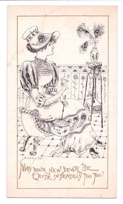 Victorian New Year Card of an Aesthetic Admiring a Vase of Peacock Feathers, c.1881 by Alfred Gray