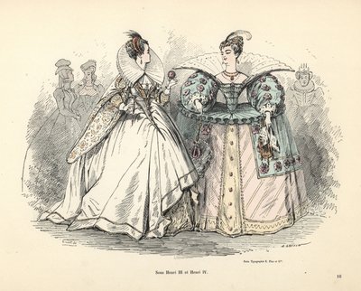 Caricature of women’s costumes in the era of King Henry III and IV by Alfred Grevin