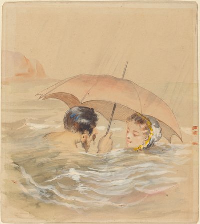 Male and Female Bathers with Umbrella by Alfred Grevin