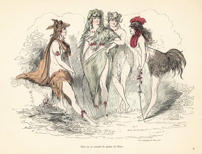 Woman wearing costumes of animal skins, heads and feathers by Alfred Grevin