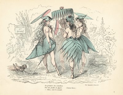 Women Dressed Only in Fig-Leaf Dresses and Hats, Holding Leaf Fans by Alfred Grevin
