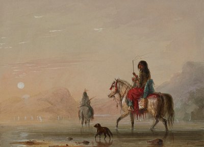 Indian and His Squaw Fording a River by Alfred Jacob Miller