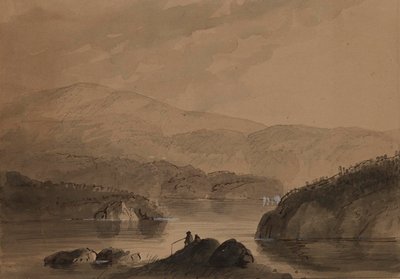 View of Men Fishing from a Rock in a Lake by Alfred Jacob Miller