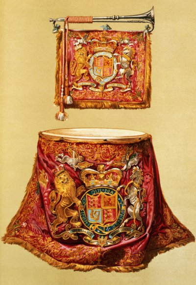 State trumpet, probably George III, and kettledrum, with trappings of state by Alfred James Hipkins