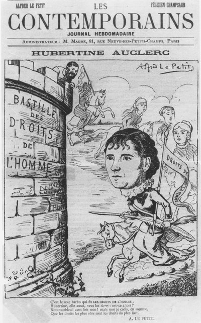 Caricature of Hubertine Auclerc, from Les Contemporains magazine by Alfred Le Petit