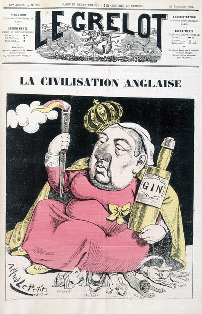 English civilization: Victoria, a bottle of gin in hand, sitting on Egypt, Ireland, India, Africa and China - by Alfred Le Petitty, in 