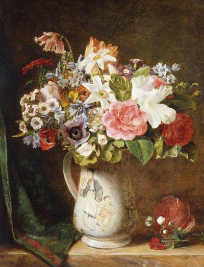 Roses, Tulips, and Other Flowers in a Porcelain Tankard on a Draped Ledge by Alfred Morgan