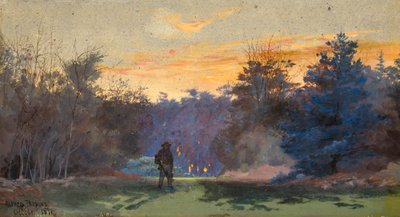 Hunter in Sunset Landscape by Alfred Parsons