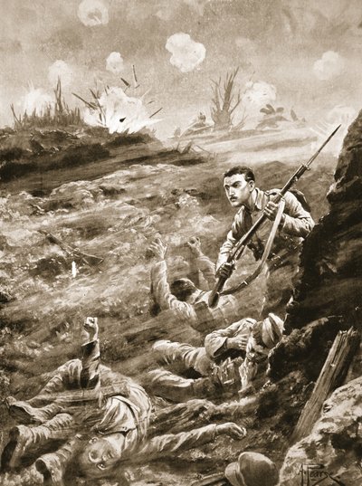 Private E. Warner holding singlehanded a trench which had been evacuated following a gas attack by Alfred Pearse