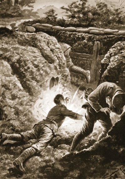 Private Harris throwing himself on a bomb to save a comrade by Alfred Pearse