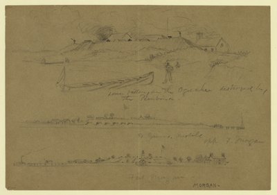 Three scenes of military facilities - lower battery on the Ogeechee destroyed by the Pembina by Alfred Rudolph Waud
