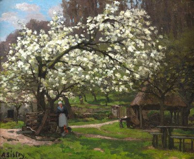 Spring, peasant woman under trees in bloom by Alfred Sisley