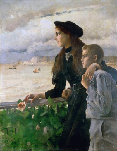 Brother and Sister by the Sea at Honfleur by Alfred Emile Stevens