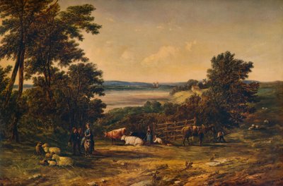 A Harbour Surrounded by Wooded Hills and Meadows with Cattle, 1859, 1938 by Alfred Vickers