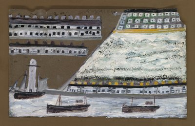 Ships and lighthouse, houses by Alfred Wallis