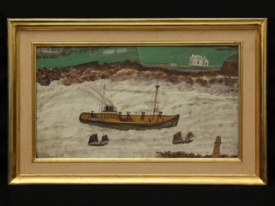 Three Boats between Lighthouse and Shore by Alfred Wallis