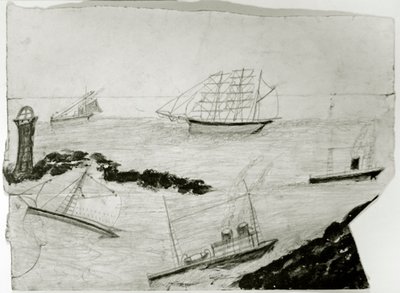 Three sailing ships, two steamships and Godrevy Lighthouse, c.1935-38 by Alfred Wallis