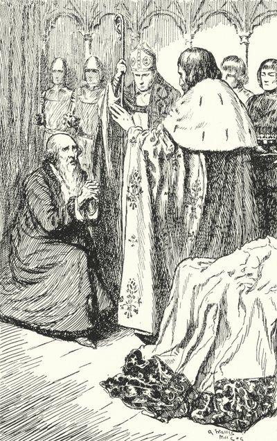 Dom Duarte, the new King of Portugal, rejecting the plea of his physician, Guedelha, that he should not be proclaimed king before noon due to an inauspicious reading of the stars, 1433 by Alfred Wallis Mills