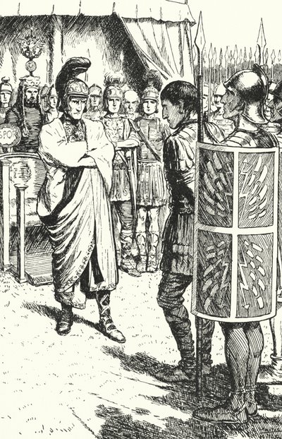 The Roman Emperor Theodosius the Great condemning Magnus Maximus to death for his part in the murder of Gratian, 388 by Alfred Wallis Mills