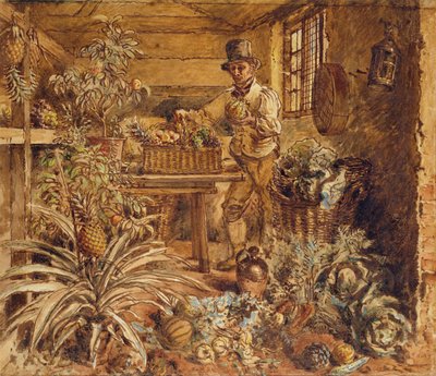 A Gardener in a Potting Shed with Pineapples and Various Vegetables by Alfred William Hunt