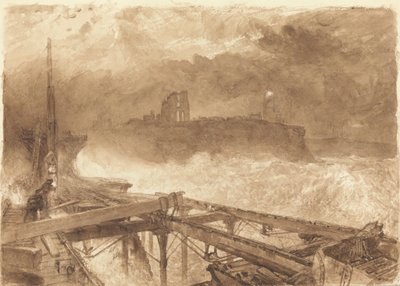 Study for Tynemouth Pier - Lighting the Lamps at Sundown by Alfred William Hunt