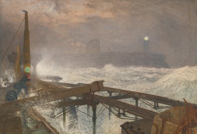 Tynemouth Pier - Lighting the Lamps at Sundown by Alfred William Hunt