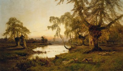 Sheep Grazing by a Lake at Sunset by Alfred de Breanski