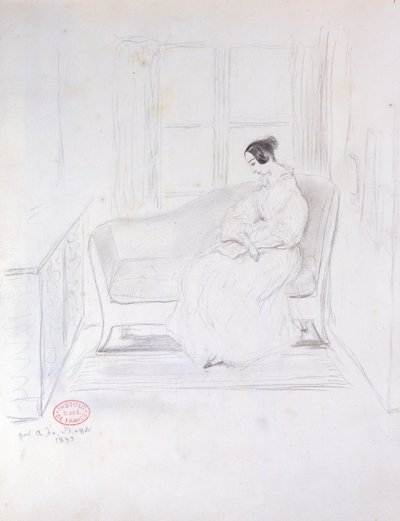 George Sand (1804-76), reading on a sofa beside a window, 1833 by Alfred de Musset