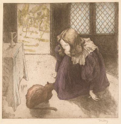 Interior, Little Girl with Cat (La Petite Fille au Chat) by Alfredo Müller