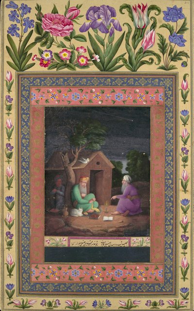 Two Old Men in Discussion Outside a Hut, Folio from the Davis Album, A.H.1085/A.D.1674-75 by Ali Quli Jabbadar