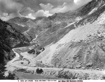 View of Gobbie road with the marble quarries in the locality of Tre Fiumi in the Apuane Alps in Garfagnana by Fratelli Alinari
