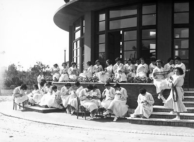 Villa Rosa Maltoni Mussolini: Female Students During a Sewing Lesson, Outdoors by Fratelli Alinari