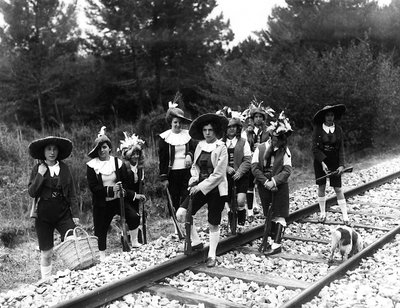 Villa Rosa Maltoni Mussolini: group of adolescents posing on railway tracks, wearing traditional Friulian costumes by Fratelli Alinari
